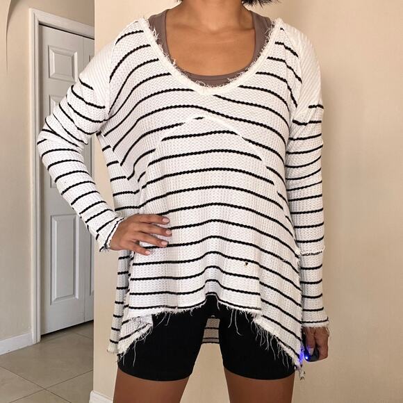 Free People Raw Hem Waffle Knit Striped Long Sleeve High Low Top Size XS - Picture 8 of 11